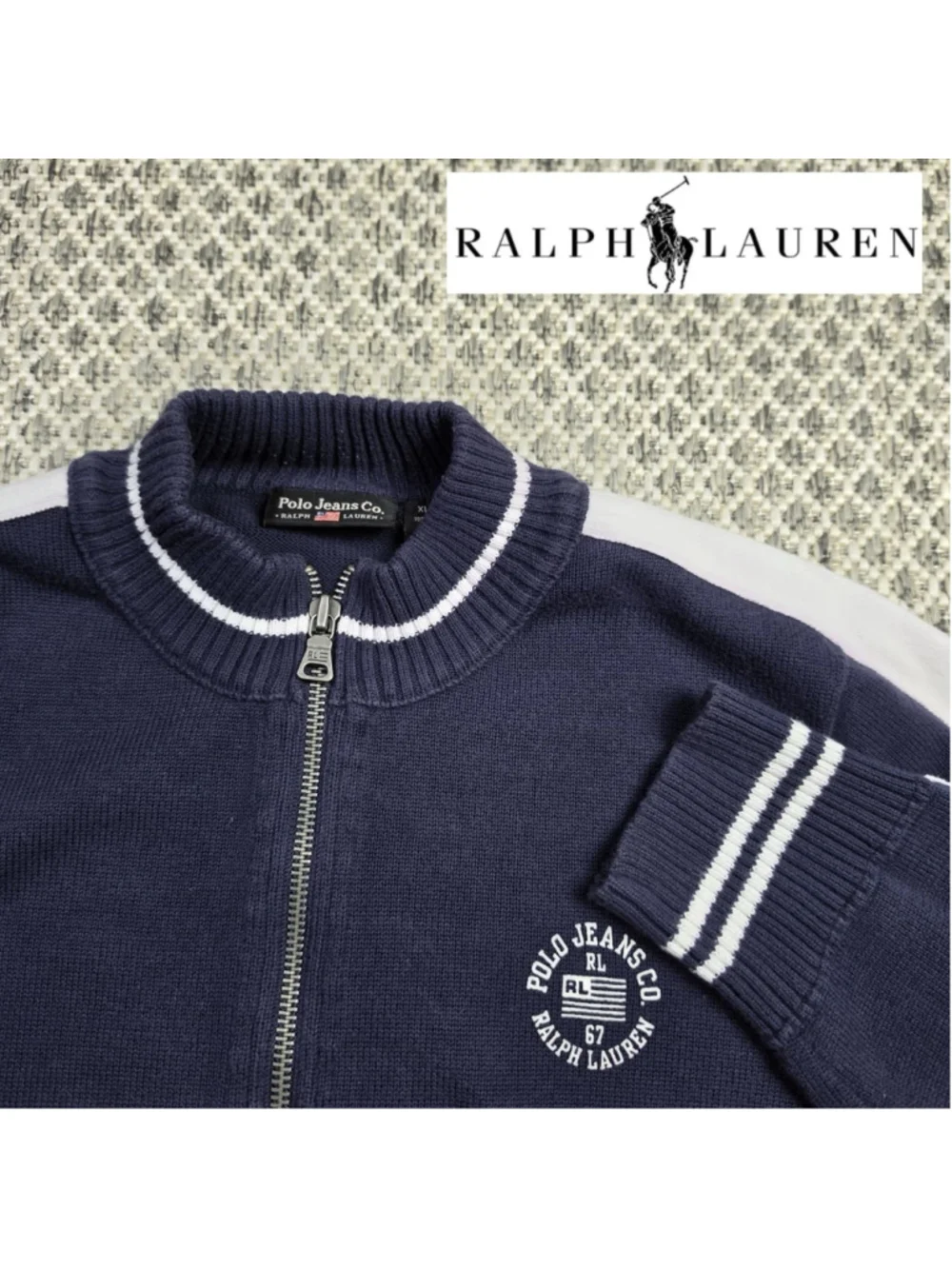 Vintage Polo Jeans Co Ralph Lauren Sweater Mens XL Full Zip Navy Blue 67 Flag